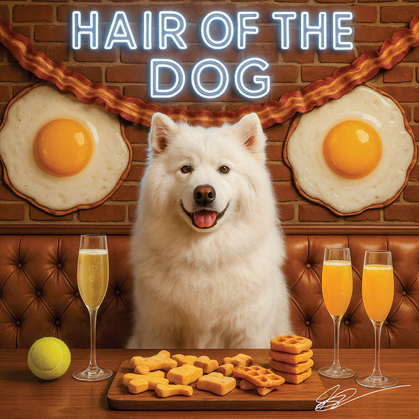 Hair of the Dog Samoyed 010 Ruff & Ready Funny Canine Art neon lights, bacon-woven flair, and egg murals