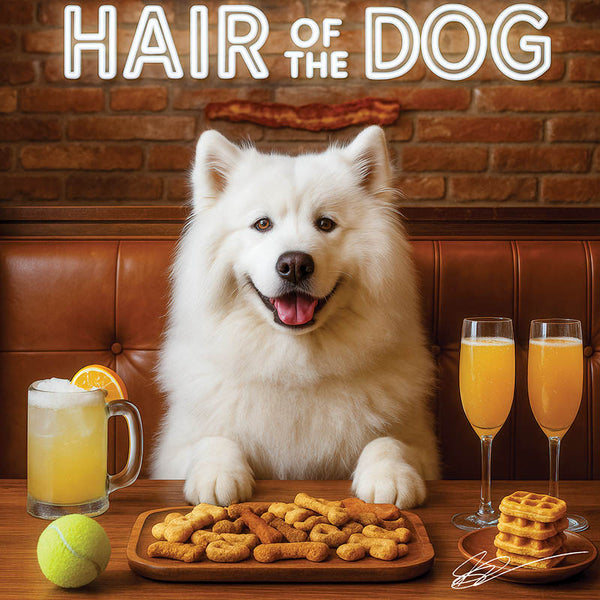Hair of the Dog Samoyed 015 Ruff & Ready Funny Canine Art neon lights, bacon-woven flair, and egg murals
