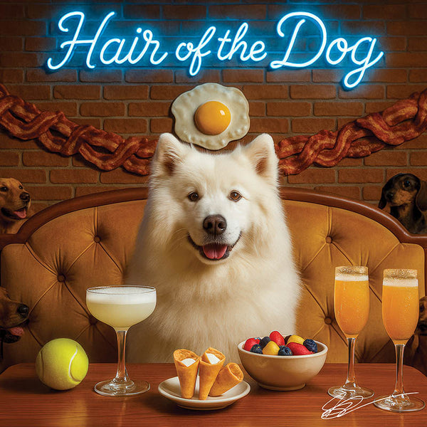 Hair of the Dog Samoyed 016 Ruff & Ready Funny Canine Art neon lights, bacon-woven flair, and egg murals