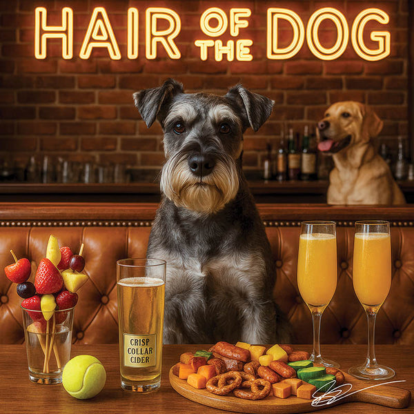 Hair of the Dog Schnauzer 001 Ruff & Ready Funny Canine Art neon lights, bacon-woven flair, and egg murals