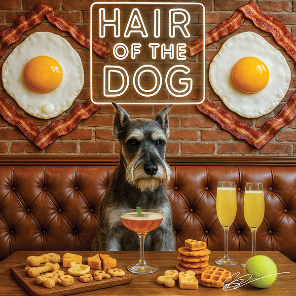 Hair of the Dog Schnauzer 006 Ruff & Ready Funny Canine Art neon lights, bacon-woven flair, and egg murals
