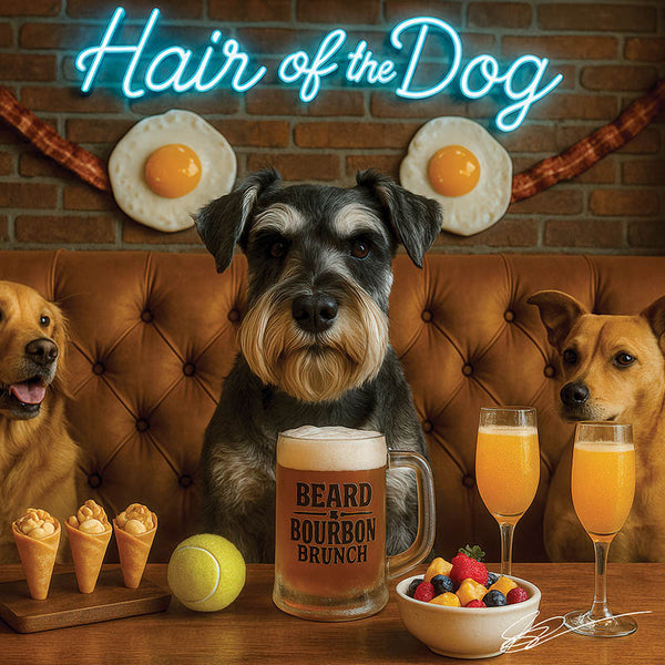Hair of the Dog Schnauzer 008 Ruff & Ready Funny Canine Art neon lights, bacon-woven flair, and egg murals