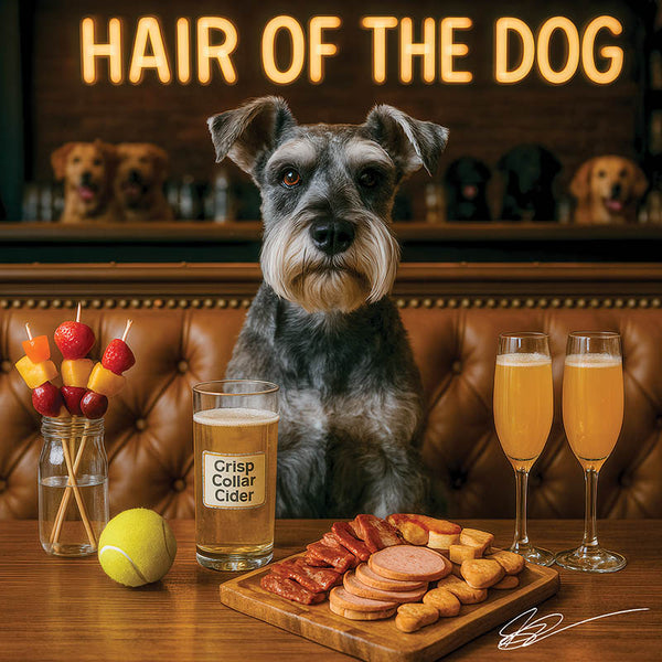 Hair of the Dog Schnauzer 009 Ruff & Ready Funny Canine Art neon lights, bacon-woven flair, and egg murals