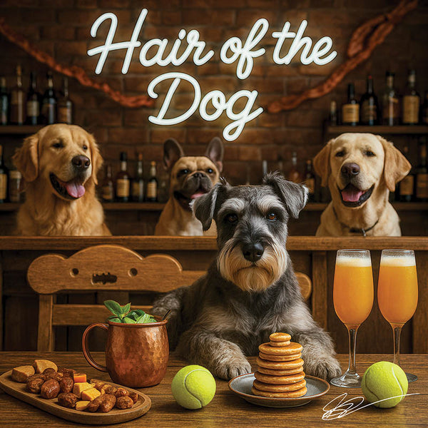 Hair of the Dog Schnauzer 010 Ruff & Ready Funny Canine Art neon lights, bacon-woven flair, and egg murals