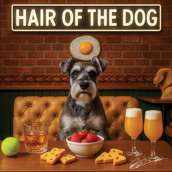 Hair of the Dog Schnauzer 011 Ruff & Ready Funny Canine Art neon lights, bacon-woven flair, and egg murals