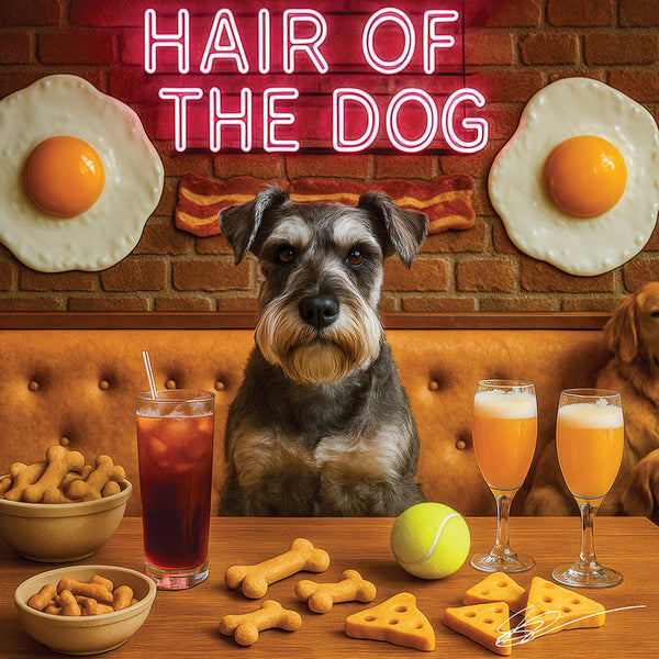 Hair of the Dog Schnauzer 014 Ruff & Ready Funny Canine Art neon lights, bacon-woven flair, and egg murals