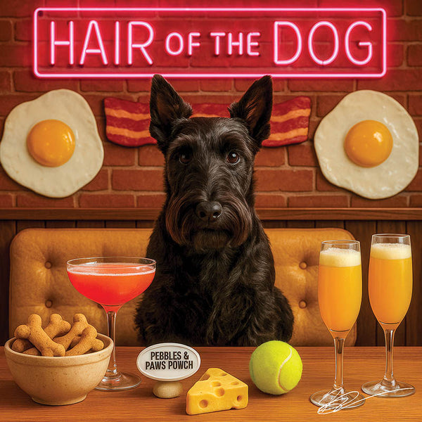 Hair of the Dog Scottish Terrier 007 Ruff & Ready Funny Canine Art neon lights, bacon-woven flair, and egg murals