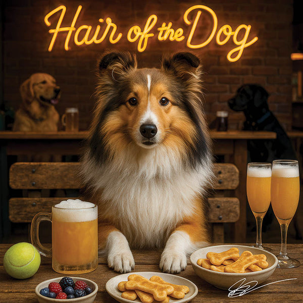 Hair of the Dog Shetland Sheepdog 001 Ruff & Ready Funny Canine Art neon lights, bacon-woven flair, and egg murals