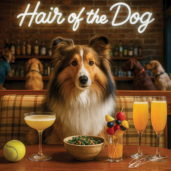 Hair of the Dog Shetland Sheepdog 004 Ruff & Ready Funny Canine Art neon lights, bacon-woven flair, and egg murals