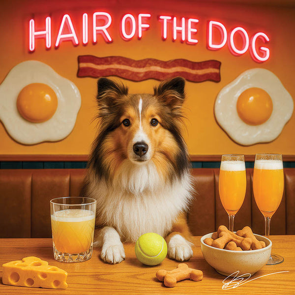 Hair of the Dog Shetland Sheepdog 005 Ruff & Ready Funny Canine Art neon lights, bacon-woven flair, and egg murals