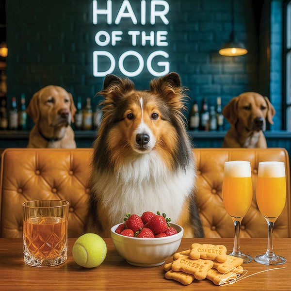 Hair of the Dog Shetland Sheepdog 007 Ruff & Ready Funny Canine Art neon lights, bacon-woven flair, and egg murals