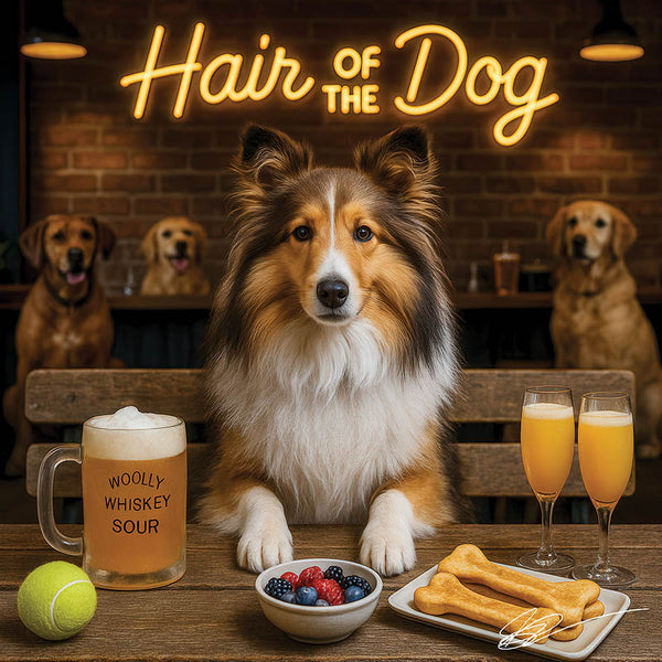 Hair of the Dog Shetland Sheepdog 008 Ruff & Ready Funny Canine Art neon lights, bacon-woven flair, and egg murals