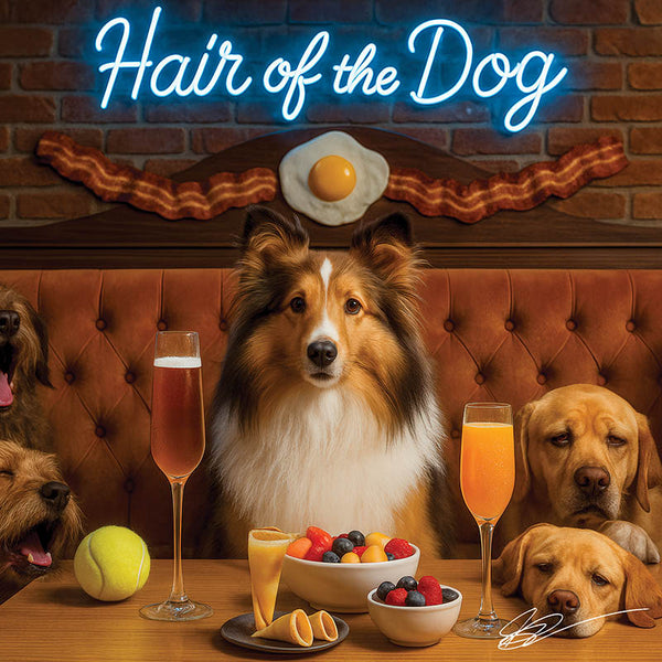 Hair of the Dog Shetland Sheepdog 011 Ruff & Ready Funny Canine Art neon lights, bacon-woven flair, and egg murals