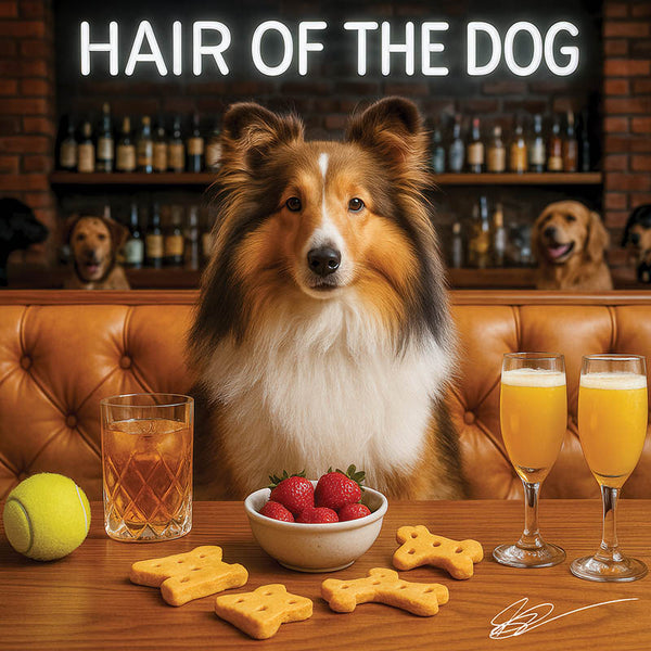 Hair of the Dog Shetland Sheepdog 012 Ruff & Ready Funny Canine Art neon lights, bacon-woven flair, and egg murals