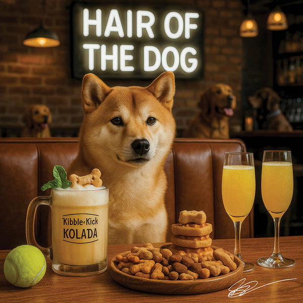Hair of the Dog Shiba Inu 007 Ruff & Ready Funny Canine Art neon lights, bacon-woven flair, and egg murals