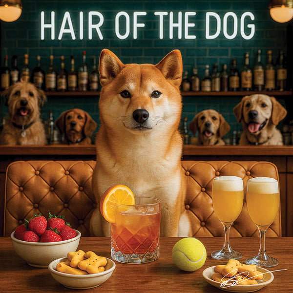 Hair of the Dog Shiba Inu 010 Ruff & Ready Funny Canine Art neon lights, bacon-woven flair, and egg murals