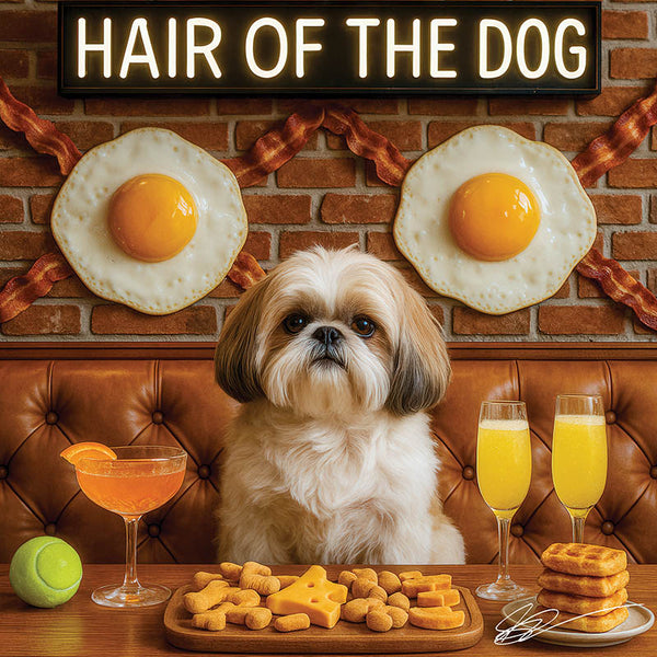 Hair of the Dog Shih Tzu 011 Ruff & Ready Funny Canine Art neon lights, bacon-woven flair, and egg murals