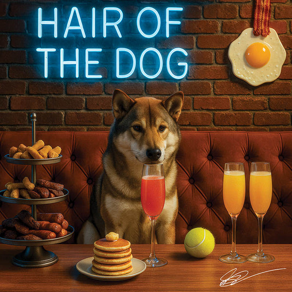 Hair of the Dog Shikoku 003 Ruff & Ready Funny Canine Art neon lights, bacon-woven flair, and egg murals