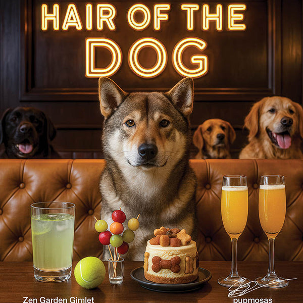 Hair of the Dog Shikoku 007 Ruff & Ready Funny Canine Art neon lights, bacon-woven flair, and egg murals