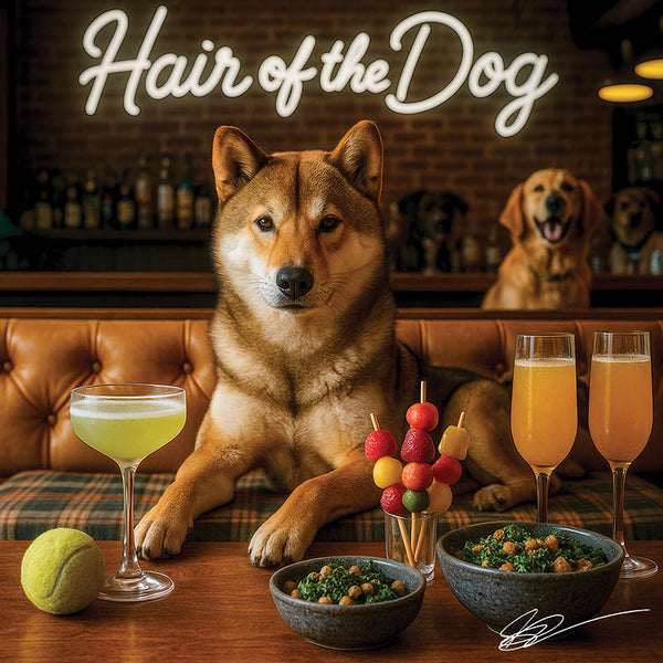 Hair of the Dog Shikoku 009 Ruff & Ready Funny Canine Art neon lights, bacon-woven flair, and egg murals