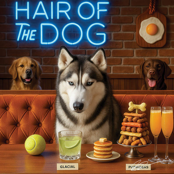Hair of the Dog Siberian Husky 004 Ruff & Ready Funny Canine Art neon lights, bacon-woven flair, and egg murals