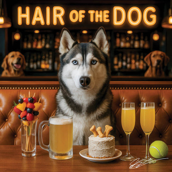 Hair of the Dog Siberian Husky 009 Ruff & Ready Funny Canine Art neon lights, bacon-woven flair, and egg murals