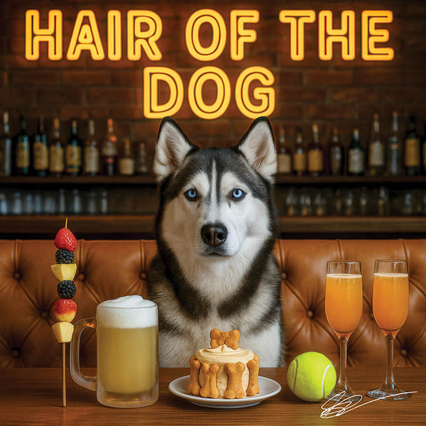 Hair of the Dog Siberian Husky 012 Ruff & Ready Funny Canine Art neon lights, bacon-woven flair, and egg murals