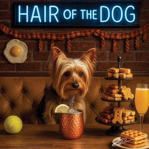 Hair of the Dog Silky Terrier 004 Ruff & Ready Funny Canine Art neon lights, bacon-woven flair, and egg murals