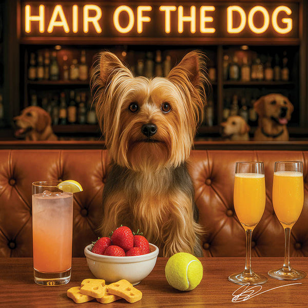 Hair of the Dog Silky Terrier 007 Ruff & Ready Funny Canine Art neon lights, bacon-woven flair, and egg murals