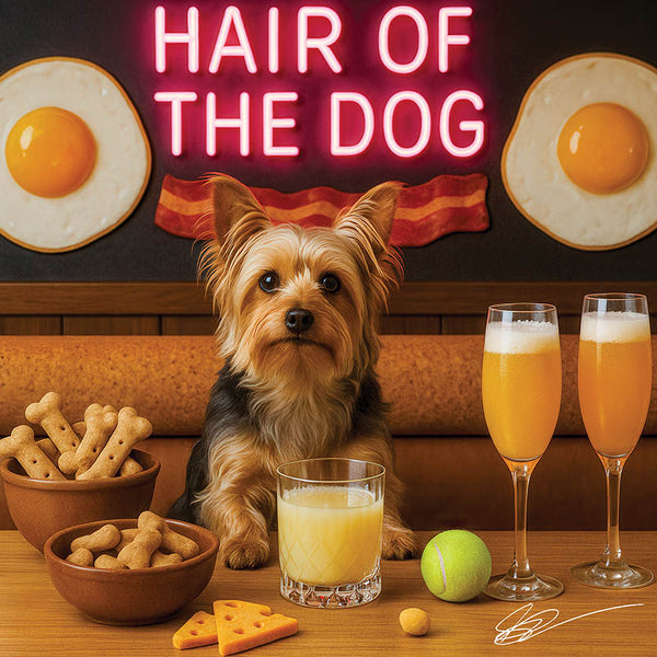 Hair of the Dog Silky Terrier 011 Ruff & Ready Funny Canine Art neon lights, bacon-woven flair, and egg murals
