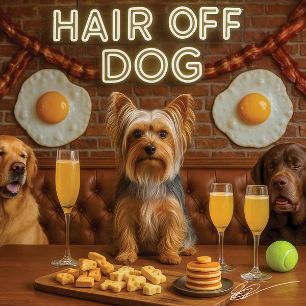 Hair of the Dog Silky Terrier 013 Ruff & Ready Funny Canine Art neon lights, bacon-woven flair, and egg murals