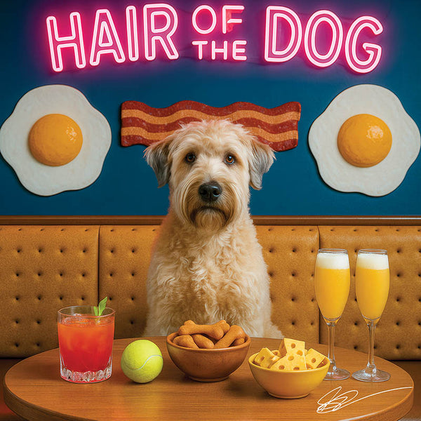 Hair of the Dog Soft Coated Wheaten Terrier 002 Ruff & Ready Funny Canine Art neon lights, bacon-woven flair, and egg murals