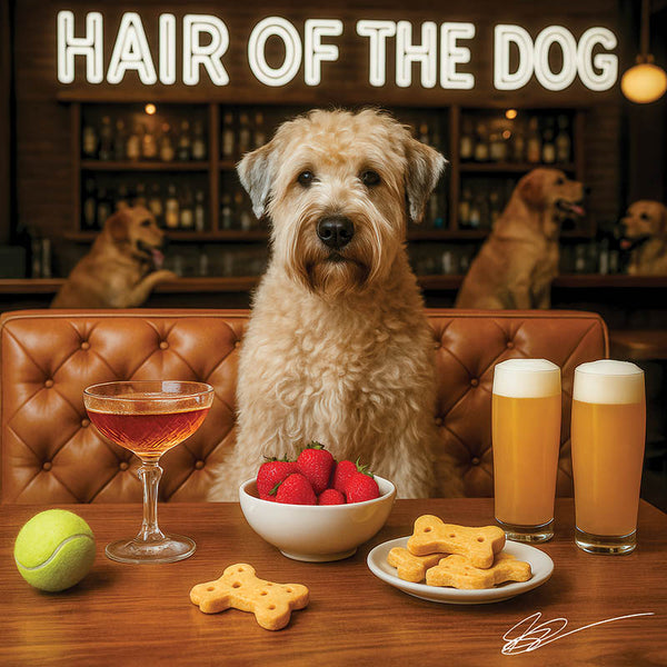 Hair of the Dog Soft Coated Wheaten Terrier 006 Ruff & Ready Funny Canine Art neon lights, bacon-woven flair, and egg murals