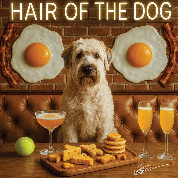 Hair of the Dog Soft Coated Wheaten Terrier 007 Ruff & Ready Funny Canine Art neon lights, bacon-woven flair, and egg murals