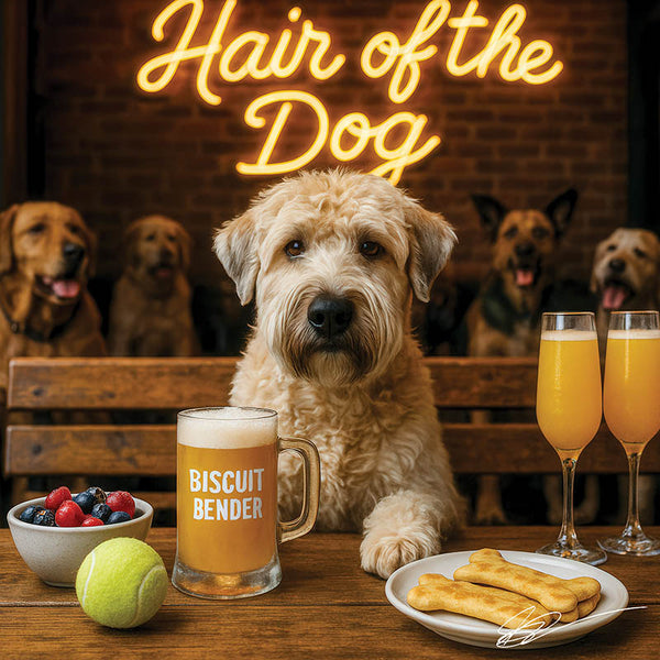 Hair of the Dog Soft Coated Wheaten Terrier 008 Ruff & Ready Funny Canine Art neon lights, bacon-woven flair, and egg murals
