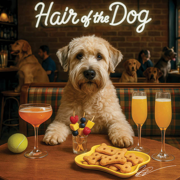 Hair of the Dog Soft Coated Wheaten Terrier 009 Ruff & Ready Funny Canine Art neon lights, bacon-woven flair, and egg murals