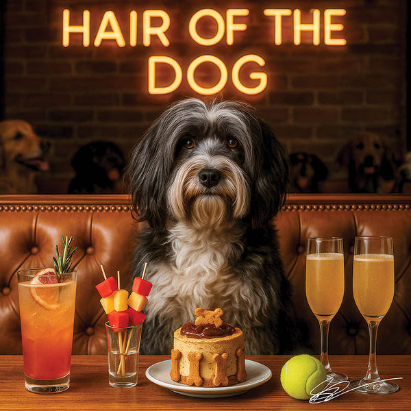Hair of the Dog Tibetan Terrier 001 Ruff & Ready Funny Canine Art neon lights, bacon-woven flair, and egg murals
