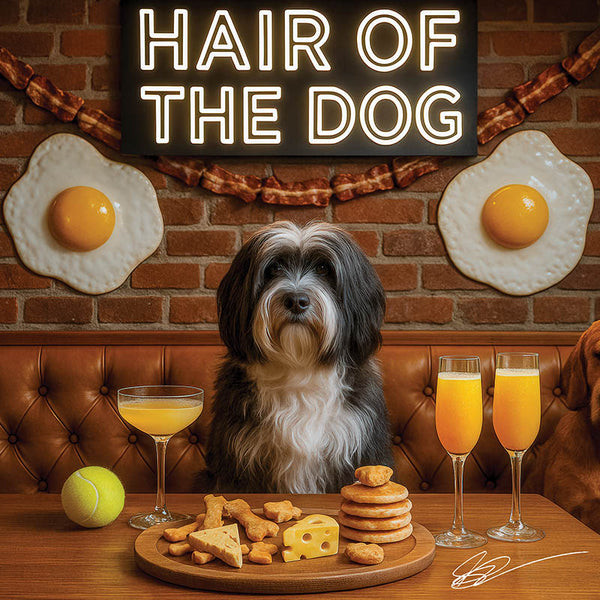 Hair of the Dog Tibetan Terrier 008 Ruff & Ready Funny Canine Art neon lights, bacon-woven flair, and egg murals