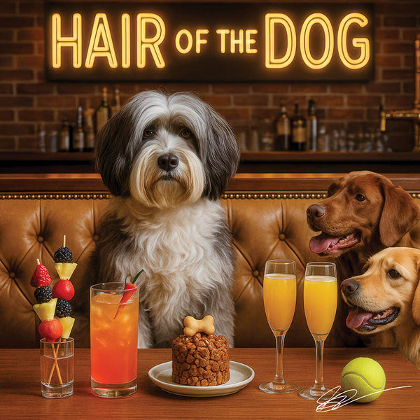 Hair of the Dog Tibetan Terrier 010 Ruff & Ready Funny Canine Art neon lights, bacon-woven flair, and egg murals