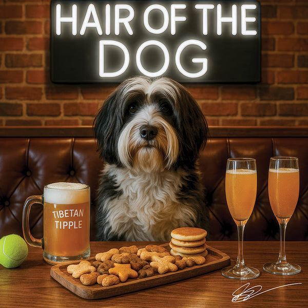 Hair of the Dog Tibetan Terrier 012 Ruff & Ready Funny Canine Art neon lights, bacon-woven flair, and egg murals