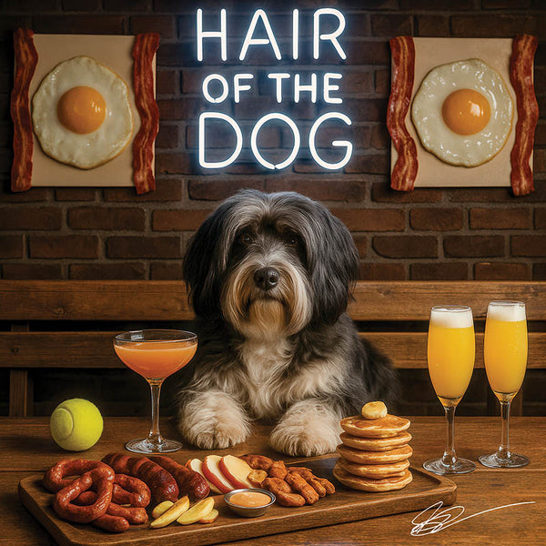 Hair of the Dog Tibetan Terrier 013 Ruff & Ready Funny Canine Art neon lights, bacon-woven flair, and egg murals