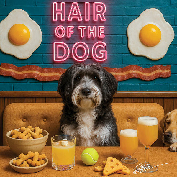 Hair of the Dog Tibetan Terrier 014 Ruff & Ready Funny Canine Art neon lights, bacon-woven flair, and egg murals