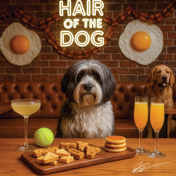 Hair of the Dog Tibetan Terrier 016 Ruff & Ready Funny Canine Art neon lights, bacon-woven flair, and egg murals