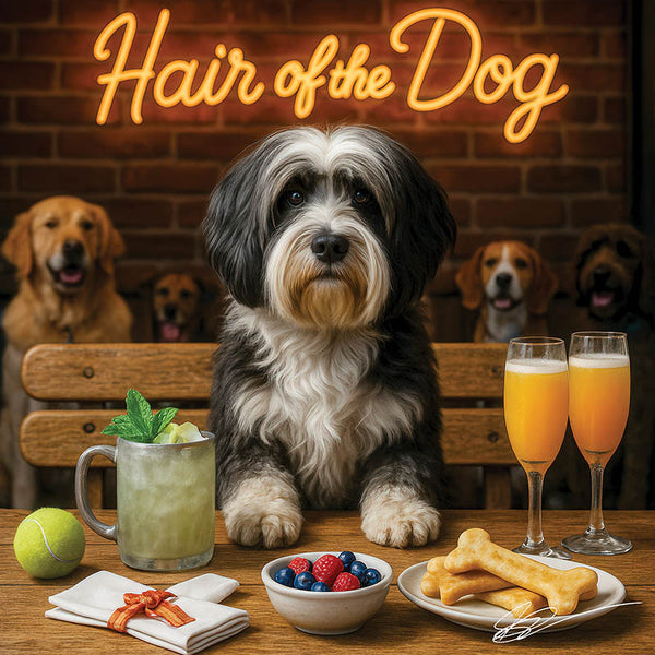 Hair of the Dog Tibetan Terrier 017 Ruff & Ready Funny Canine Art neon lights, bacon-woven flair, and egg murals