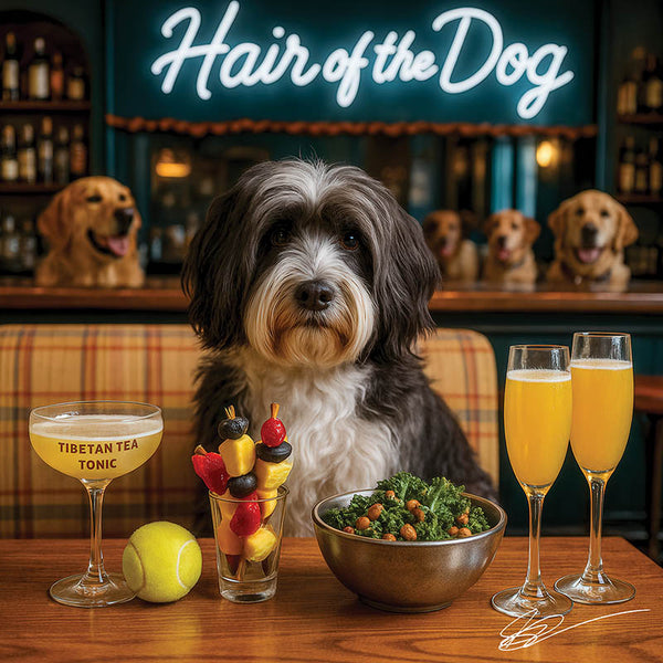 Hair of the Dog Tibetan Terrier 018 Ruff & Ready Funny Canine Art neon lights, bacon-woven flair, and egg murals