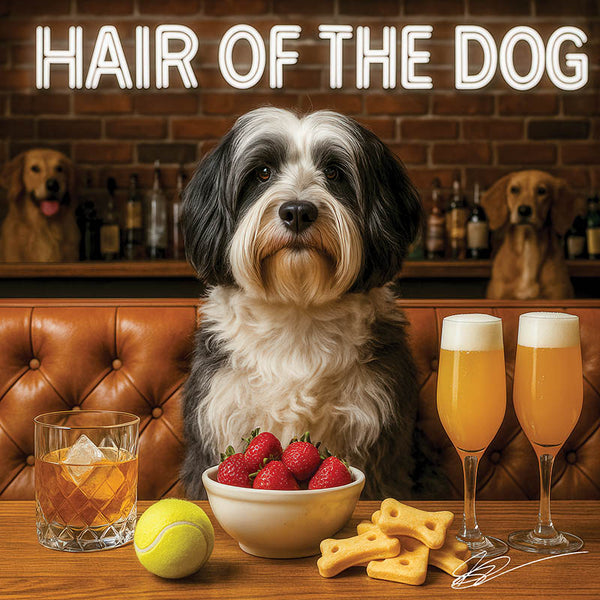 Hair of the Dog Tibetan Terrier 019 Ruff & Ready Funny Canine Art neon lights, bacon-woven flair, and egg murals