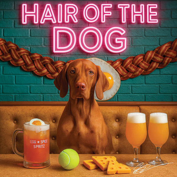 Hair of the Dog Vizsla 002 Ruff & Ready Funny Canine Art neon lights, bacon-woven flair, and egg murals