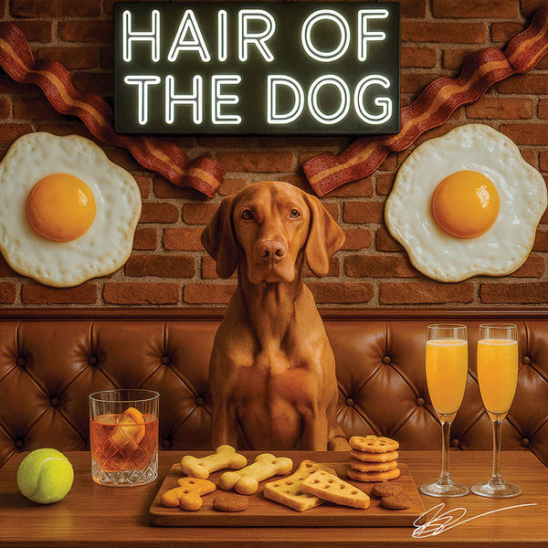 Hair of the Dog Vizsla 003 Ruff & Ready Funny Canine Art neon lights, bacon-woven flair, and egg murals