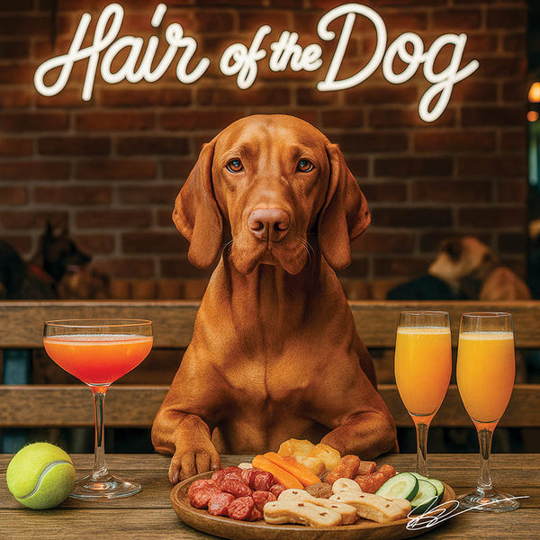 Hair of the Dog Vizsla 008 Ruff & Ready Funny Canine Art neon lights, bacon-woven flair, and egg murals
