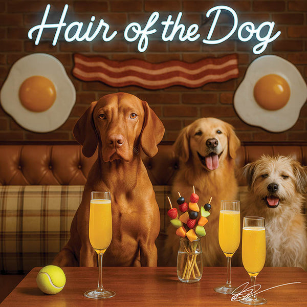 Hair of the Dog Vizsla 010 Ruff & Ready Funny Canine Art neon lights, bacon-woven flair, and egg murals